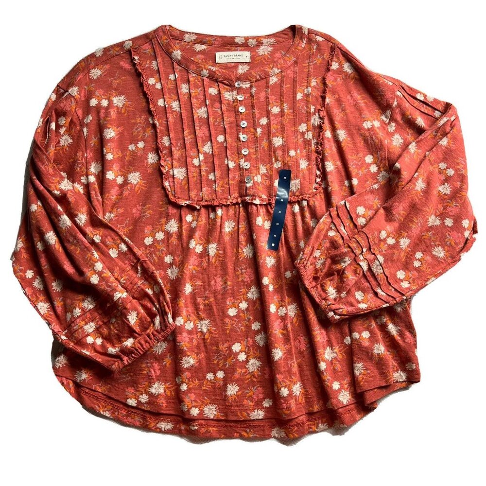 Lucky Brand Women’s Red Orange Floral Boho Pintuck Yoke Top Blouse Shirt Sz M